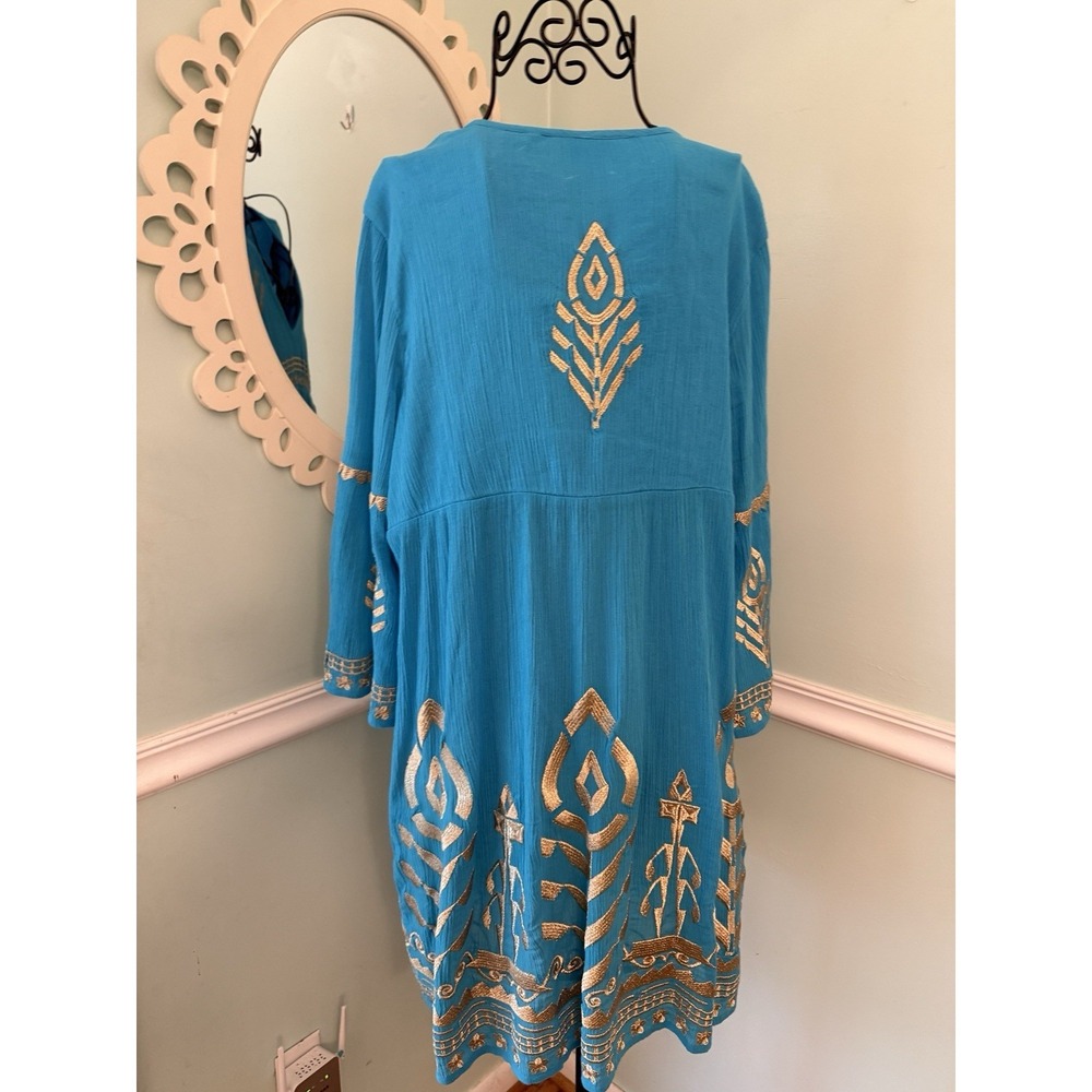 Soft Surroundings Zaneta turquoise blue gold embroidered dress SIZE PL - Picture 7 of 11